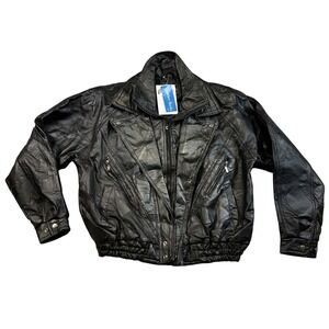 VTG NWT Leather Works Black Patchwork Leather Bomber Jacket‎ Mens Sz L Statement